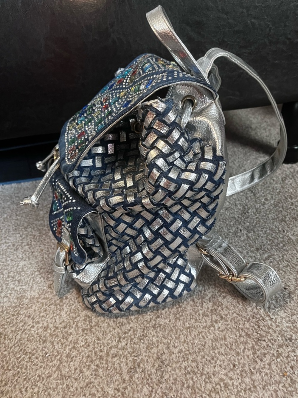 Studded Navy Multicolor Embellished Women’s Backpack - Picture 2 of 6